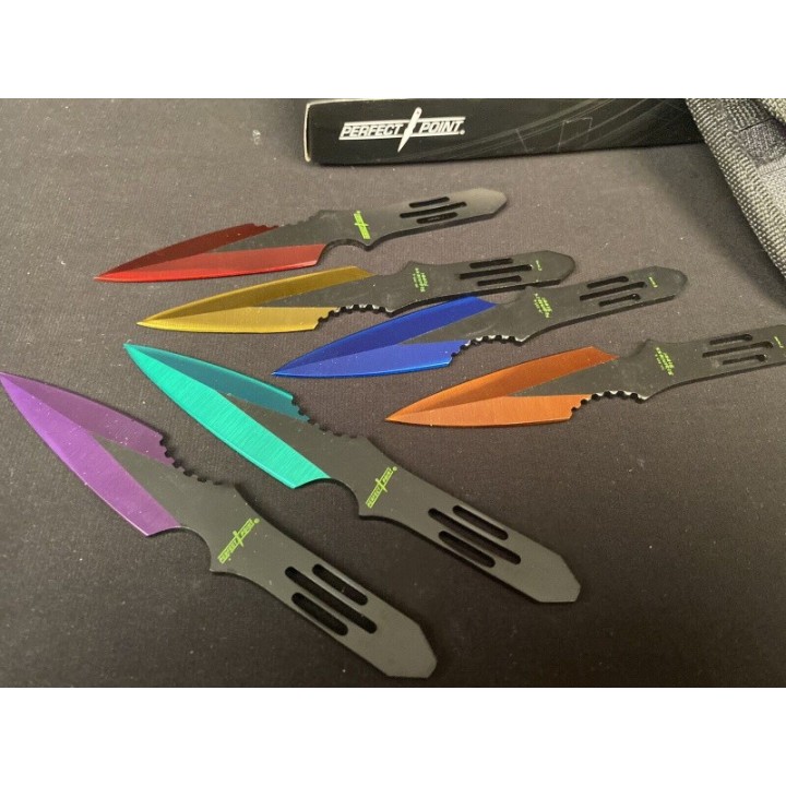 Lot de 6 Couteaux de Lancer Multicolore Perfect Point Throwing Lame Acier Etui Nylon M4509 - Livraison Gratuite