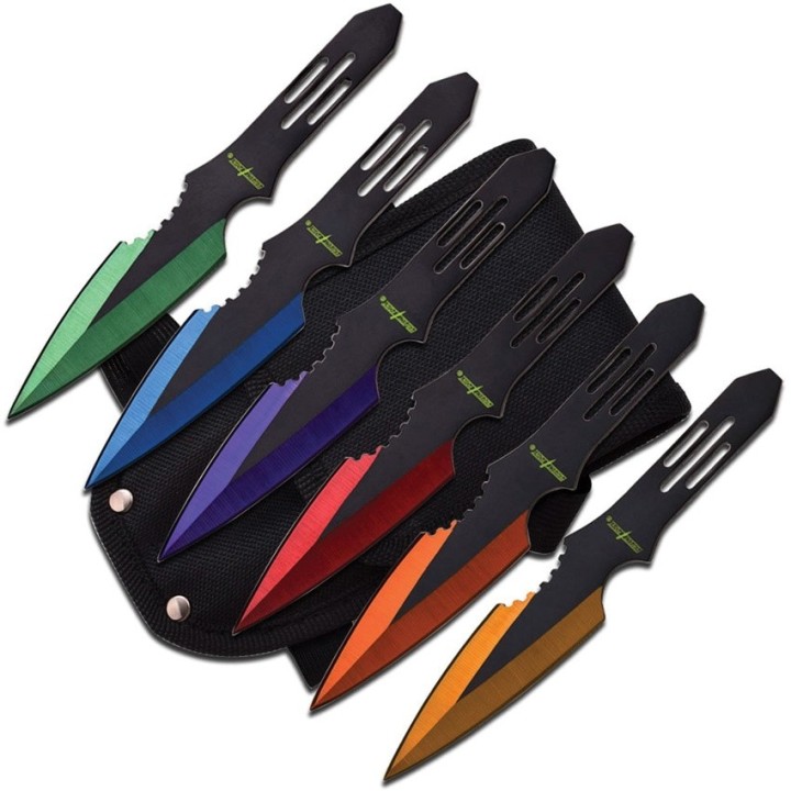 Lot de 6 Couteaux de Lancer Multicolore Perfect Point Throwing Lame Acier Etui Nylon M4509 - Livraison Gratuite