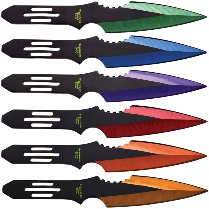 Lot de 6 Couteaux de Lancer Multicolore Perfect Point Throwing Lame Acier Etui Nylon M4509 - Livraison Gratuite