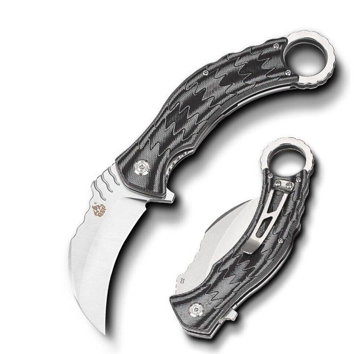 Couteau QSP Eagle Karambit Black/Gray Manche G-10 Lame Acier D2 IKBS Linerlock Clip QS120E - Livraison Gratuite