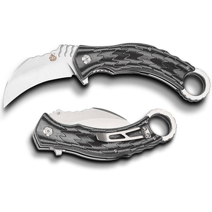 Couteau QSP Eagle Karambit Black/Gray Manche G-10 Lame Acier D2 IKBS Linerlock Clip QS120E - Livraison Gratuite