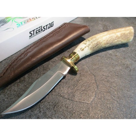 Skinner Couteau de Chasse Hunter Acier Carbone Manche Bois de Cerf Etui Cuir SS7015 - Livraison Gratuite