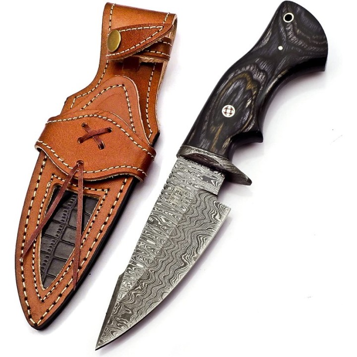 Couteau De Chasse Damas FH Knives Lame 288 Couches Manche Bois Etui Cuir FHKMLK004 - Livraison Gratuite