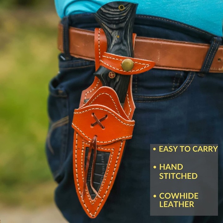 Couteau De Chasse Damas FH Knives Lame 288 Couches Manche Bois Etui Cuir FHKMLK004 - Livraison Gratuite