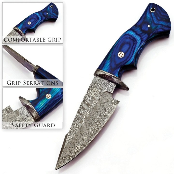 Couteau De Chasse Damas FH Knives Lame 288 Couches Manche Bleu Etui Cuir FHKMLK003 - Livraison Gratuite