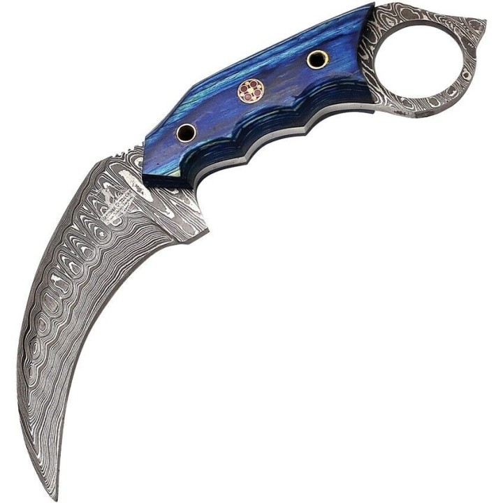 Couteau FH Knives Karambit Lame Acier Damas 256 Couches Manche Bleu Etui Cuir FHKKMBT001 - Livraison Gratuite