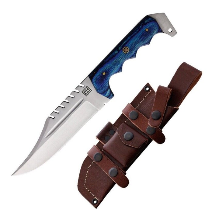 Couteau FH Knives Bowie Blue Lame Acier 3Cr13 Manche Bois Etui Cuir FHKCPBW002 - Livraison Gratuite