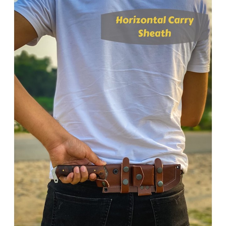 Couteau FH Knives Bowie Brown Lame Acier Damas 256 Couches Manche Bois Etui Cuir FHKCPBW001 - Livraison Gratuite