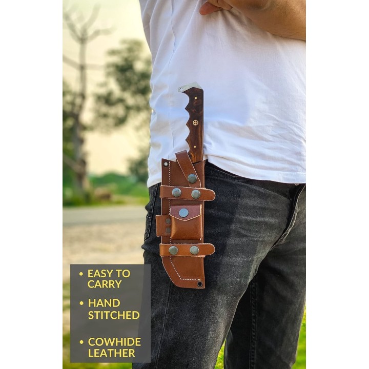 Couteau FH Knives Bowie Brown Lame Acier Damas 256 Couches Manche Bois Etui Cuir FHKCPBW001 - Livraison Gratuite