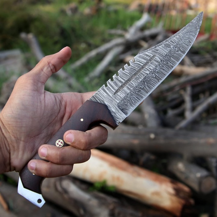 Couteau FH Knives Bowie Brown Lame Acier Damas 256 Couches Manche Bois Etui Cuir FHKCPBW001 - Livraison Gratuite