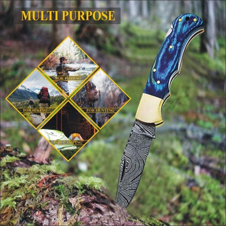 Couteau Damas FH Knives Blue Lame Damas 128 Couches Manche Bois Lockback Etui Cuir FHKBLU001 - Livraison Gratuite