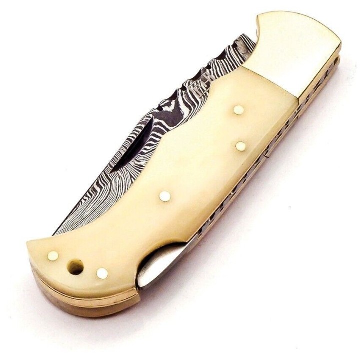 Couteau Damas FH Knives Bone Lame Damas 128 Couches Manche Os Lockback Etui Cuir FHKBNE001 - Livraison Gratuite