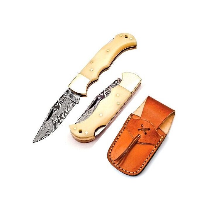 Couteau Damas FH Knives Bone Lame Damas 128 Couches Manche Os Lockback Etui Cuir FHKBNE001 - Livraison Gratuite