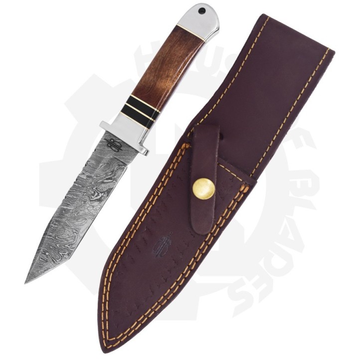Couteau Damas BucknBear Tanto Fighter Lame 256 Couches Manche Bois Etui Cuir BNB48830 - Livraison Gratuite