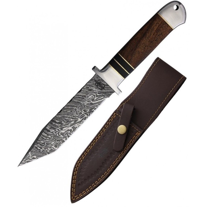 Couteau Damas BucknBear Tanto Fighter Lame 256 Couches Manche Bois Etui Cuir BNB48830 - Livraison Gratuite