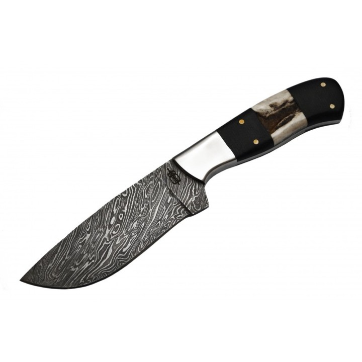 Couteau Damas 256 Couches Skinner BucknBear Manche Corne & Bois de Cerf Etui Cuir BNB15246 - Livraison Gratuite