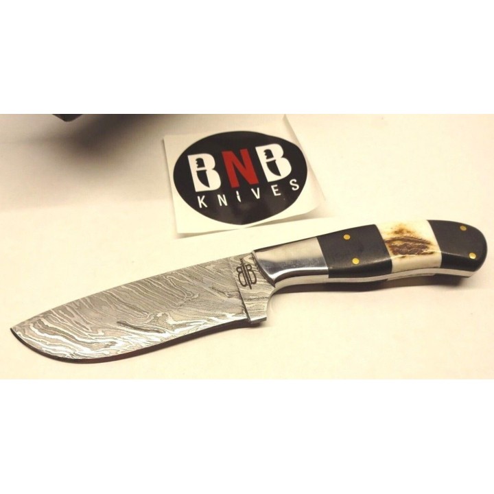 Couteau Damas 256 Couches Skinner BucknBear Manche Corne & Bois de Cerf Etui Cuir BNB15246 - Livraison Gratuite