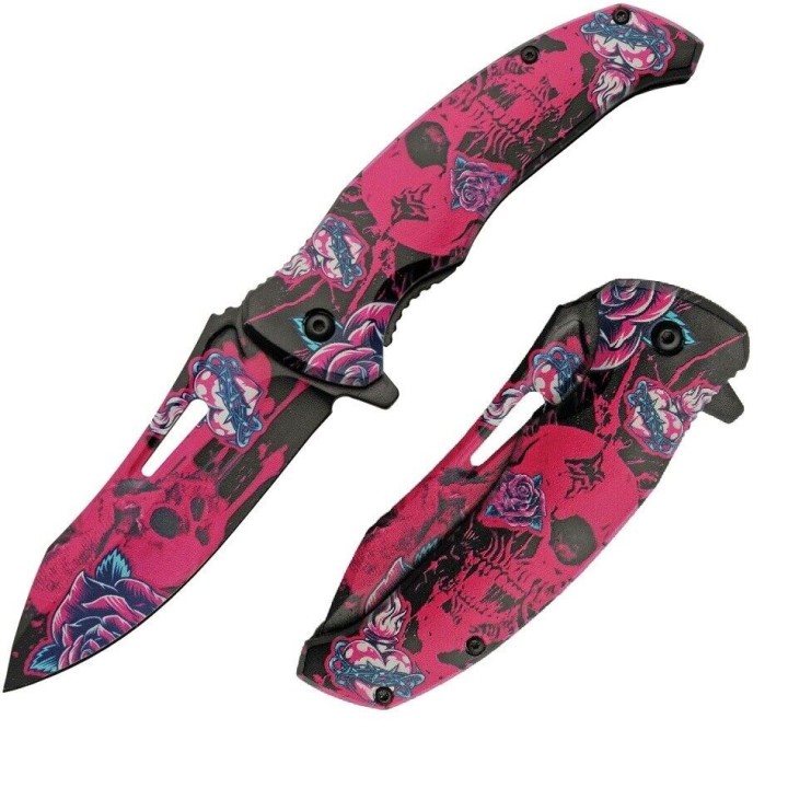Lot de 2 Couteau Skull Linerlock A/O Fuchsia Abs Handle Stainless Blade Clip CN300577PK - Livraison Gratuite