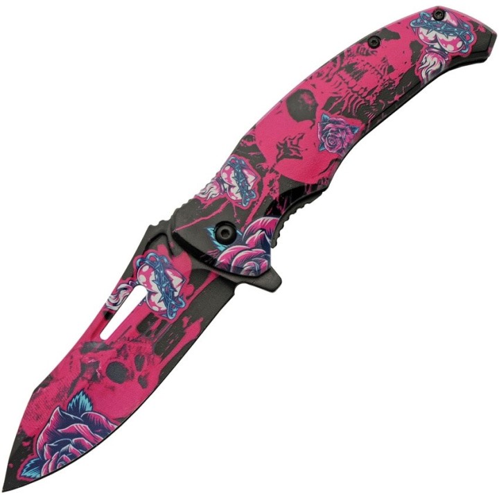 Lot de 2 Couteau Skull Linerlock A/O Fuchsia Abs Handle Stainless Blade Clip CN300577PK - Livraison Gratuite