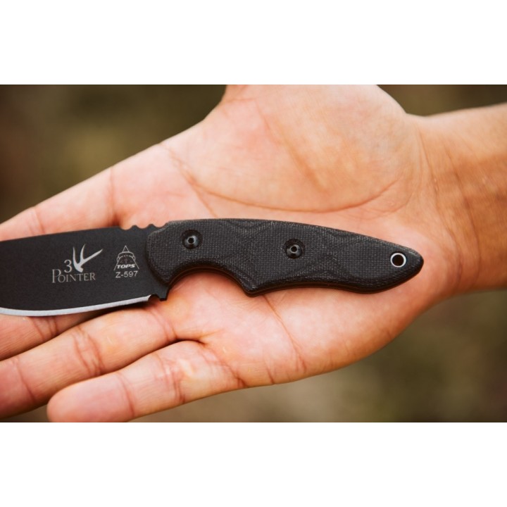 Couteau Tops 3 Pointer Black Lame Acier Carbone 1095 Manche Micarta Etui Kydex Made In USA TP3PR01 - Livraison Gratuite