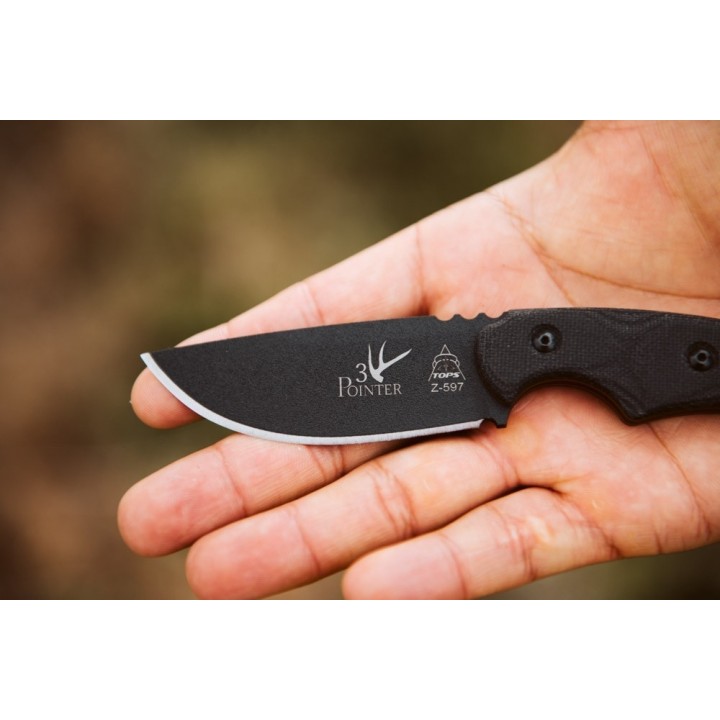 Couteau Tops 3 Pointer Black Lame Acier Carbone 1095 Manche Micarta Etui Kydex Made In USA TP3PR01 - Livraison Gratuite