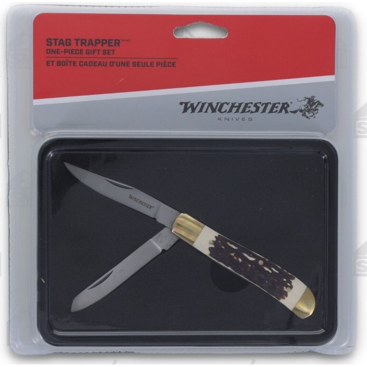 Couteau Winchester 2 Lames Acier Inox Manche Imitation Bois de Cerf Boite Métal WN6220095 - Livraison Gratuite