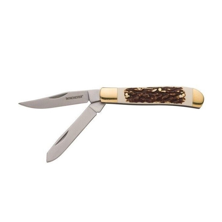 Couteau Winchester 2 Lames Acier Inox Manche Imitation Bois de Cerf Boite Métal WN6220095 - Livraison Gratuite
