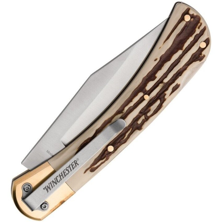 Couteau Winchester Large Lame Acier Inox Manche Abs/Stag Lockback Clip WN6220075W - Livraison Gratuite