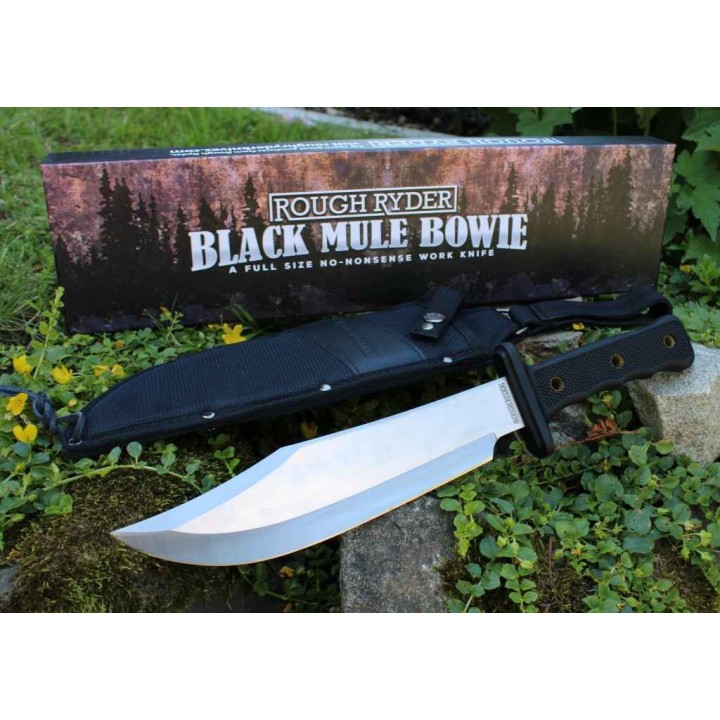 Couteau Bowie Rough Ryder Black Mule Bowie Lame Acier 3Cr13 Manche Caoutchouc Etui Nylon RR2233 - Livraison Gratuite