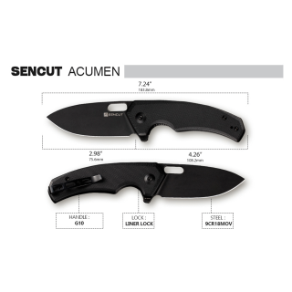Couteau SENCUT Acumen Black Manche G10 Lame Black Acier 9Cr18MoV IKBS Linerlock Clip SA06A - Livraison Gratuite