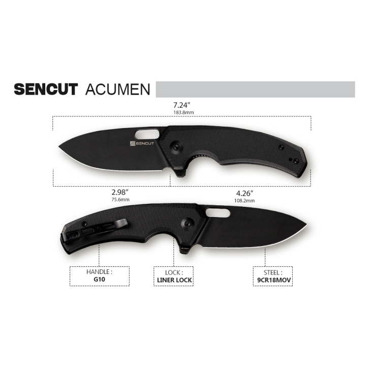 Couteau SENCUT Acumen Black Manche G10 Lame Black Acier 9Cr18MoV IKBS Linerlock Clip SA06A - Livraison Gratuite