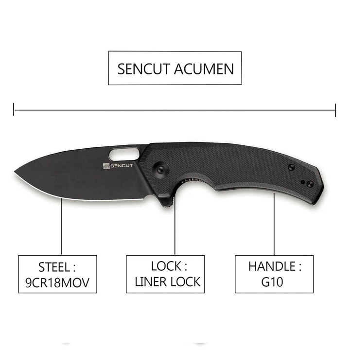 Couteau SENCUT Acumen Black Manche G10 Lame Black Acier 9Cr18MoV IKBS Linerlock Clip SA06A - Livraison Gratuite