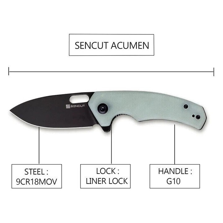 Couteau SENCUT Acumen Jade Manche G10 Lame Black Acier 9Cr18MoV IKBS Linerlock Clip SA06C - Livraison Gratuite