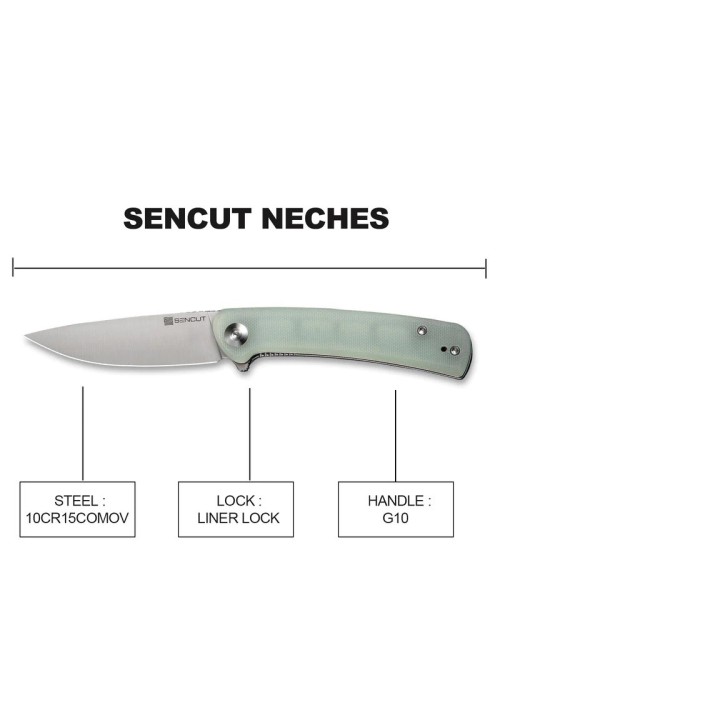 Couteau SENCUT Neches Jade Manche G10 Lame Satin Acier 10Cr15CoMoV IKBS Linerlock Clip SA09B - Livraison Gratuite