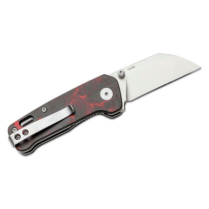 Couteau QSP Mini Penguin Red Lame Acier 14C28N Satin Manche FCarbone IKBS Linerlock Clip QS130XSE1 - Livraison Gratuite