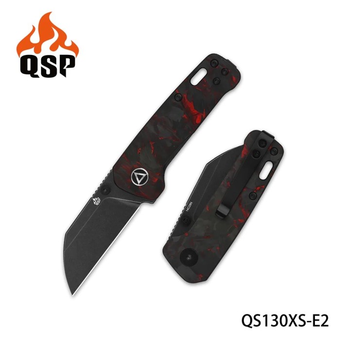 Couteau QSP Mini Penguin Red Lame Acier 14C28N Black Manche FCarbone IKBS Linerlock Clip QS130XSE2 - Livraison Gratuite