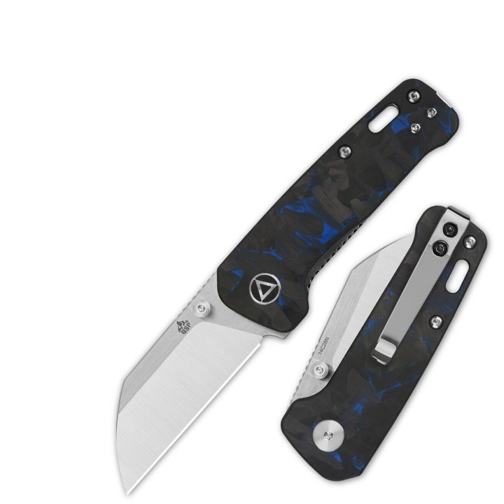Couteau QSP Mini Penguin Blue Lame Acier 14C28N Satin Manche FCarbone IKBS Linerlock Clip QS130XSD1 - Livraison Gratuite