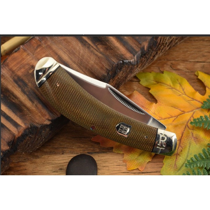 Couteau Rough Ryder Bow Trapper Brown Burlap Lame Acier 440 Manche Micarta RR2375 - Livraison Gratuite