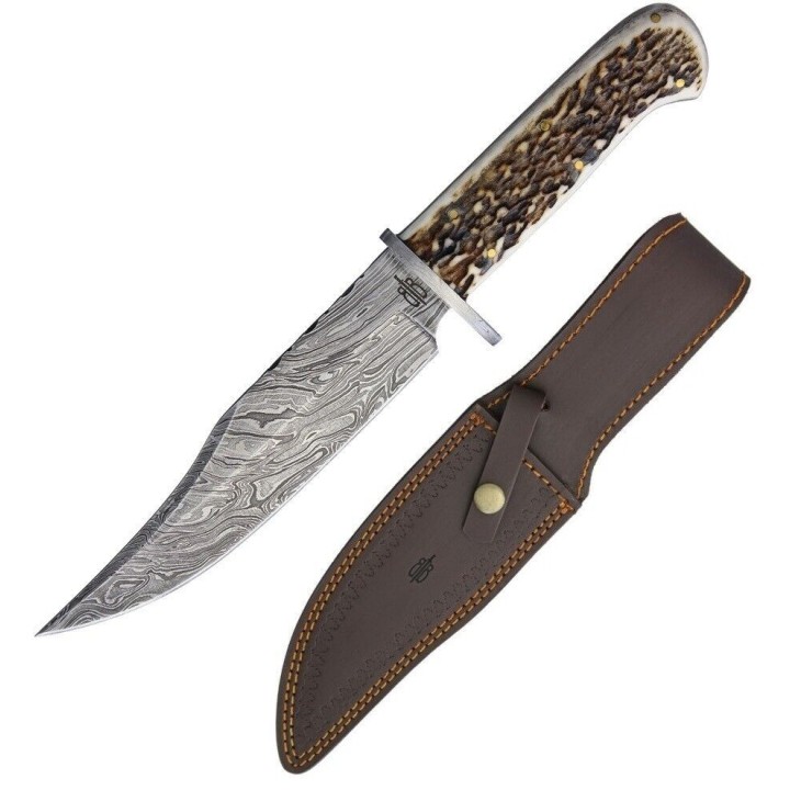 Couteau BucknBear Kings Stag Bowie Lame Acier Damas 256 Couches Manche Bois de Cerf Etui Cuir BNB123213 - Livraison Gratuite
