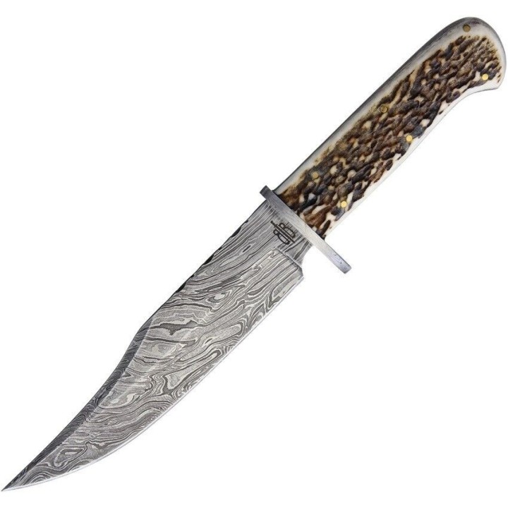 Couteau BucknBear Kings Stag Bowie Lame Acier Damas 256 Couches Manche Bois de Cerf Etui Cuir BNB123213 - Livraison Gratuite