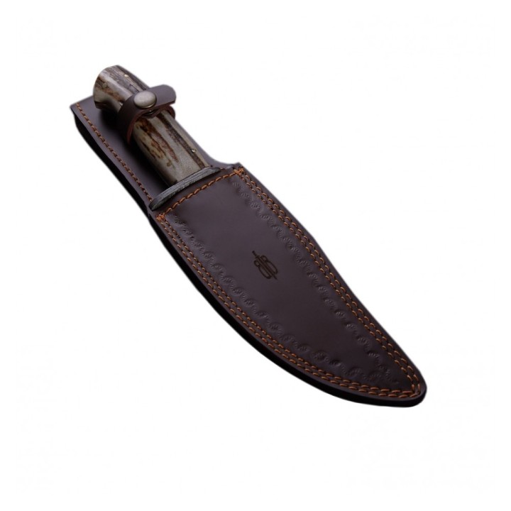 Couteau BucknBear Kings Stag Bowie Lame Acier Damas 256 Couches Manche Bois de Cerf Etui Cuir BNB123213 - Livraison Gratuite