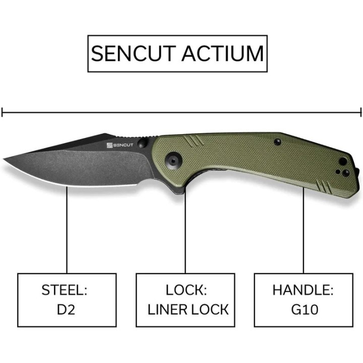 Couteau SENCUT Actium OD Green Manche G10 Lame Acier D2 IKBS Linerlock CLip SA02E - Livraison Gratuite