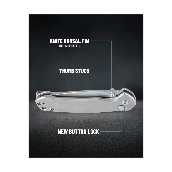 Couteau CJRB Pyrite Steel Lame Acier AR-RPM9 Manche Stonewashed Steel IKBS Button Lock J1925ST - Livraison Gratuite
