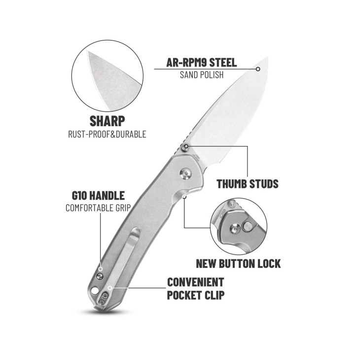 Couteau CJRB Pyrite Steel Lame Acier AR-RPM9 Manche Stonewashed Steel IKBS Button Lock J1925ST - Livraison Gratuite