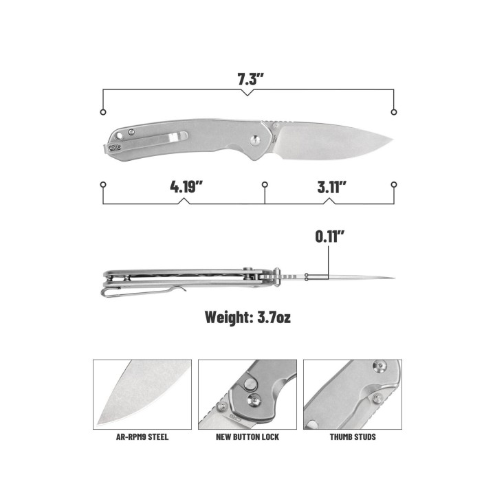 Couteau CJRB Pyrite Steel Lame Acier AR-RPM9 Manche Stonewashed Steel IKBS Button Lock J1925ST - Livraison Gratuite