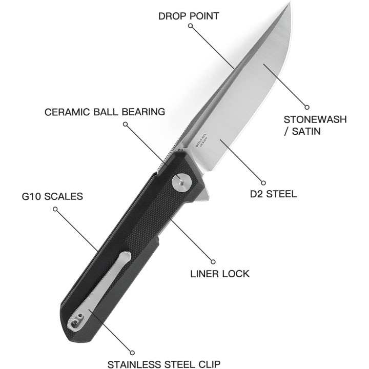 Couteau Bestech Bestechman Dundee Black Lame Acier D2 Manche G10 IKBS Linerlock Clip BTKMK01A - Livraison Gratuite