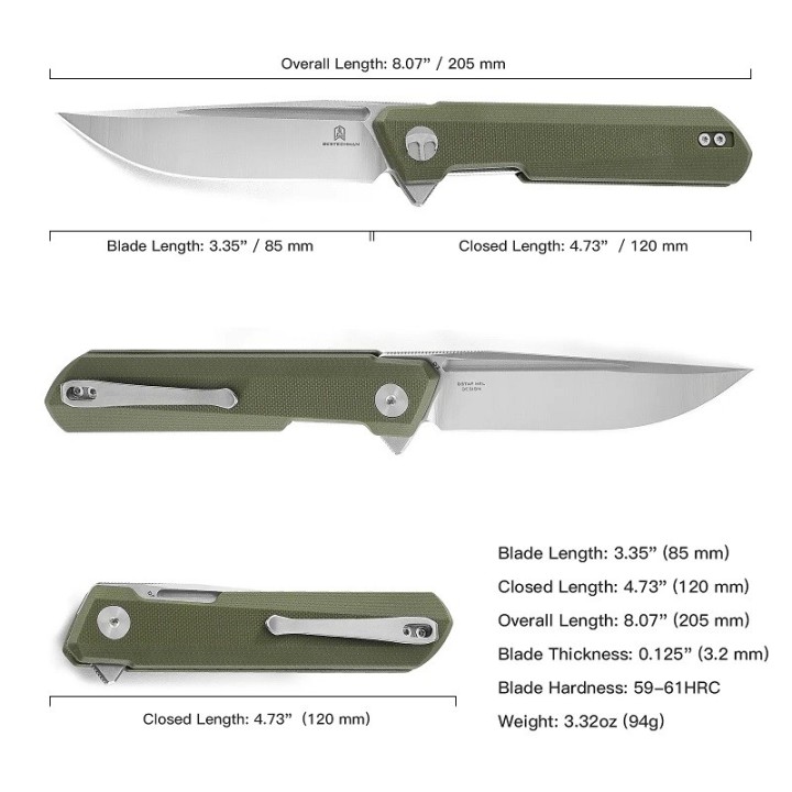 Couteau Bestech Bestechman Dundee Green Lame Acier D2 Manche G10 IKBS Linerlock Clip BTKMK01B - Livraison Gratuite