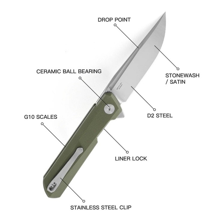 Couteau Bestech Bestechman Dundee Green Lame Acier D2 Manche G10 IKBS Linerlock Clip BTKMK01B - Livraison Gratuite