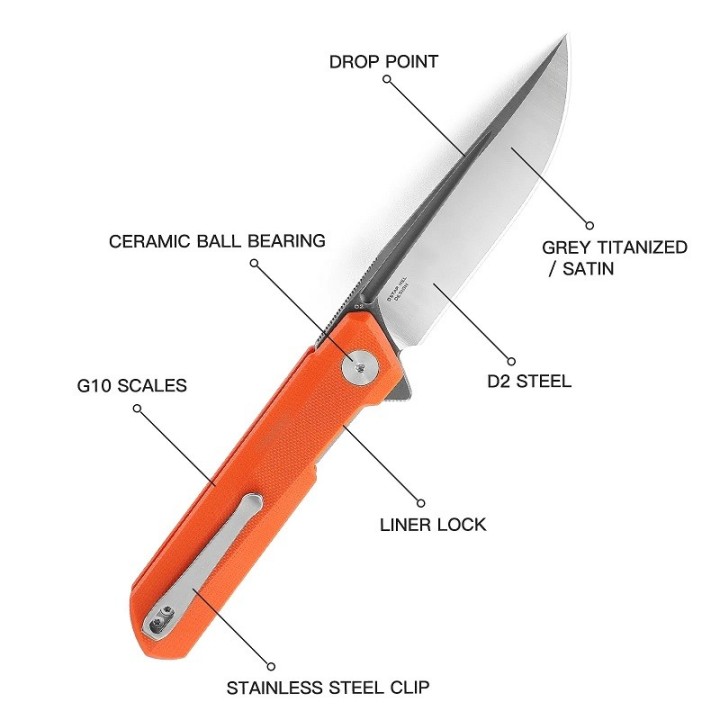 Couteau Bestech Bestechman Dundee Orange Lame Acier D2 Manche G10 IKBS Linerlock Clip BTKMK01H - Livraison Gratuite