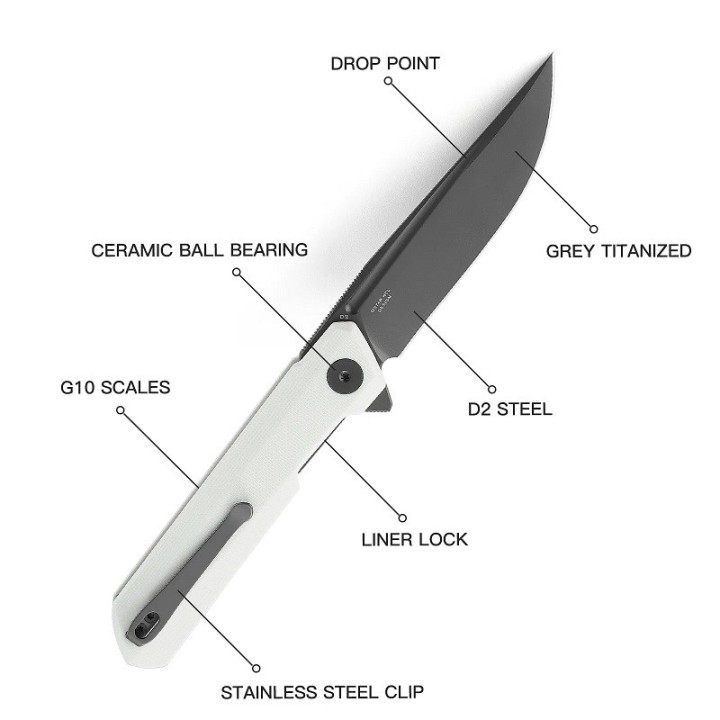Couteau Bestech Bestechman Dundee White Lame Acier D2 Manche G10 IKBS Linerlock Clip BTKMK01I - Livraison Gratuite